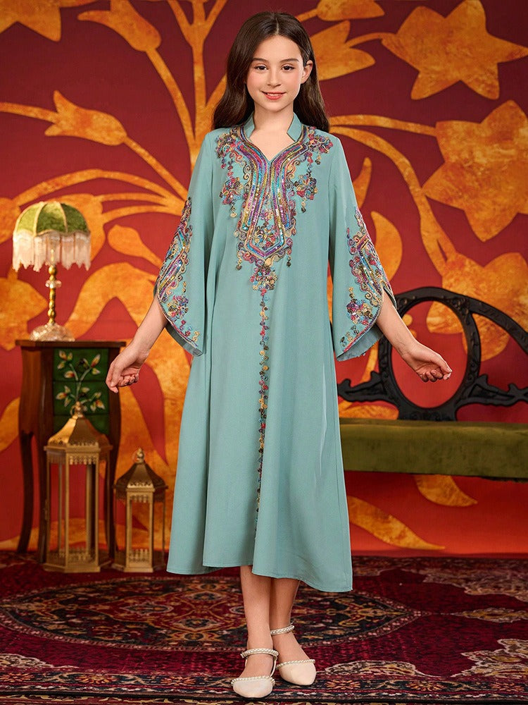 MH139 Girls Embroidered Maxi Robe Dress – Flare Sleeve Modest Eid Dress for Girls Ages 8–12