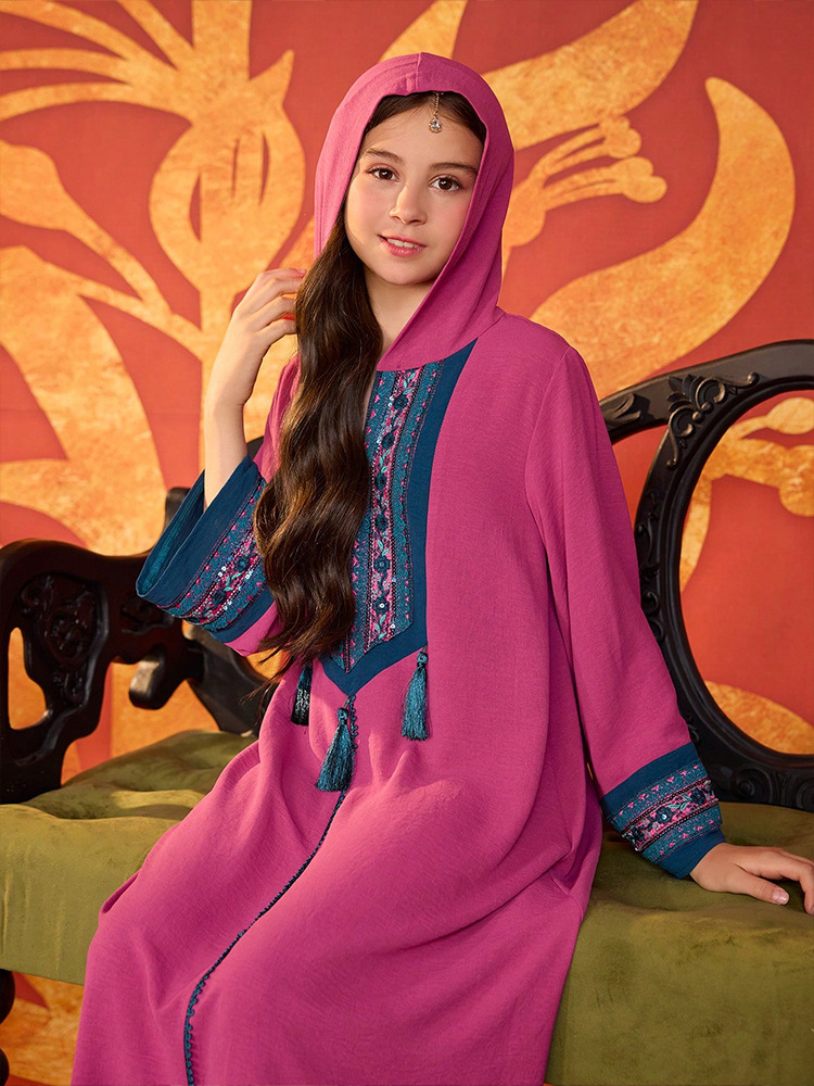 MH137 Girls Hooded Embroidery Maxi Dress – Tassel Trim Modest Eid Dress for Girls Ages 8–12