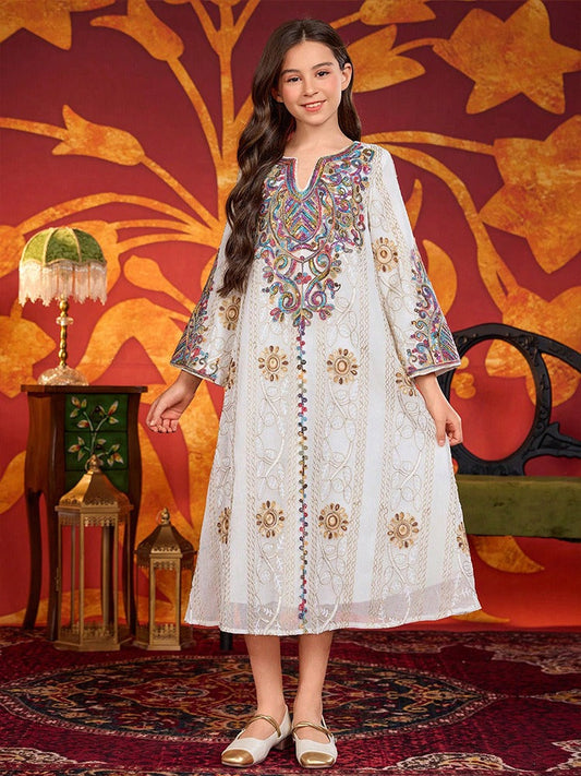LM138 Girls Heavy Embroidery Maxi Dress – Elegant Modest Party Dress for Girls Ages 8–12