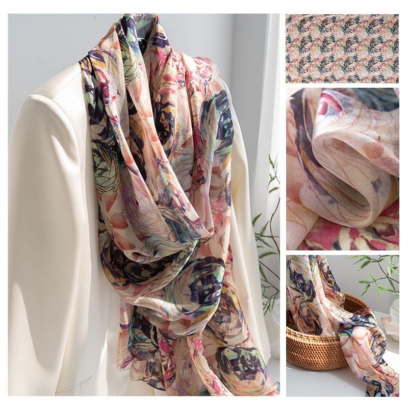 Diamond Purple Rose Mulberry Silk Scarf - Luxury Print Shawl | Premium Gift