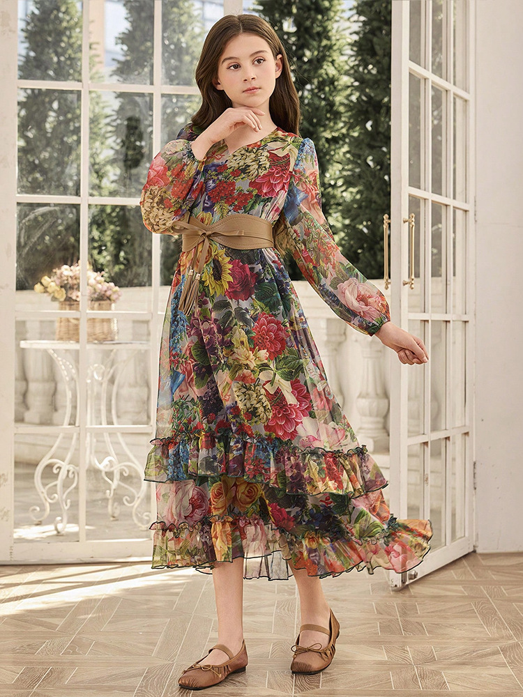 MH136 Girls Floral Print Chiffon Maxi Dress – Lantern Sleeve Modest Dress for Girls Ages 8–12