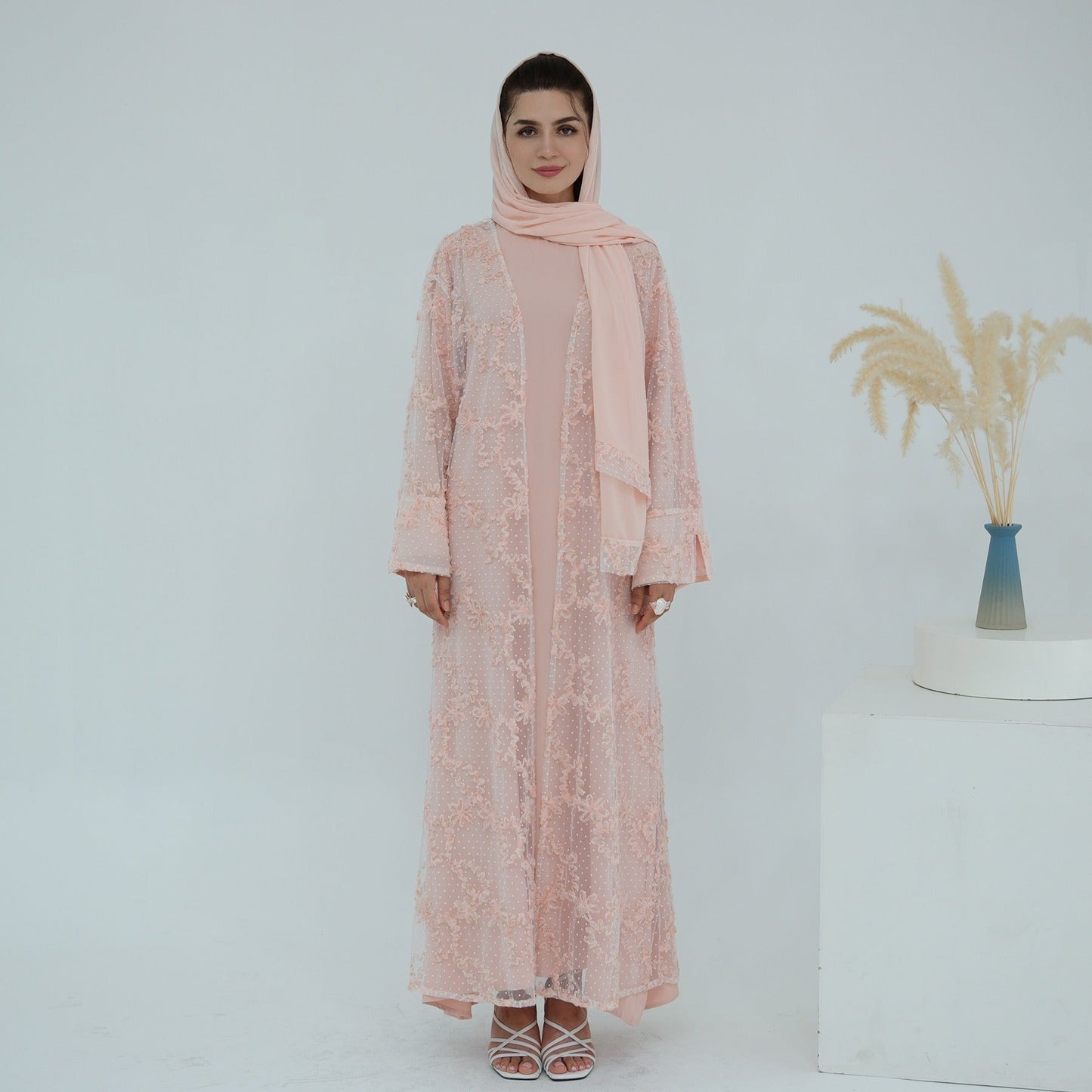 MH135 3D Floral Mesh Cardigan Abaya Set with Hijab – Elegant Modest Open Front Dress for Muslim Women