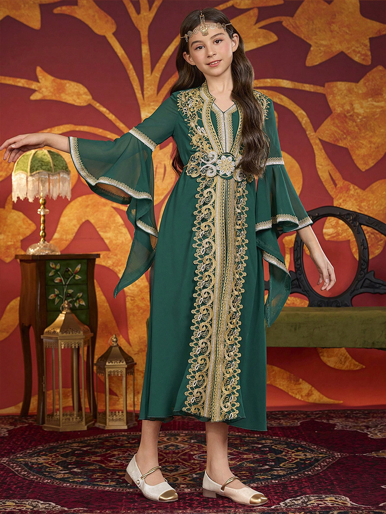 MH141 Girls Chiffon Maxi Dress with Flare Sleeves – Modest Festival Dress for Girls Ages 8–12