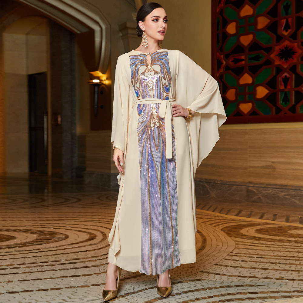 MH125 Luxury Beige Butterfly Sleeve Sequin Abaya Dress – Elegant Eid Kaftan for Muslim Women