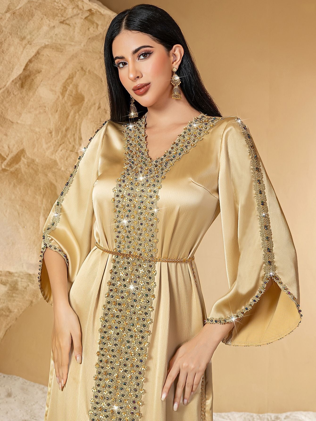 MH126 Luxury Champagne Beaded Lace Abaya Dress – Handmade Elegant Eid & Evening Kaftan