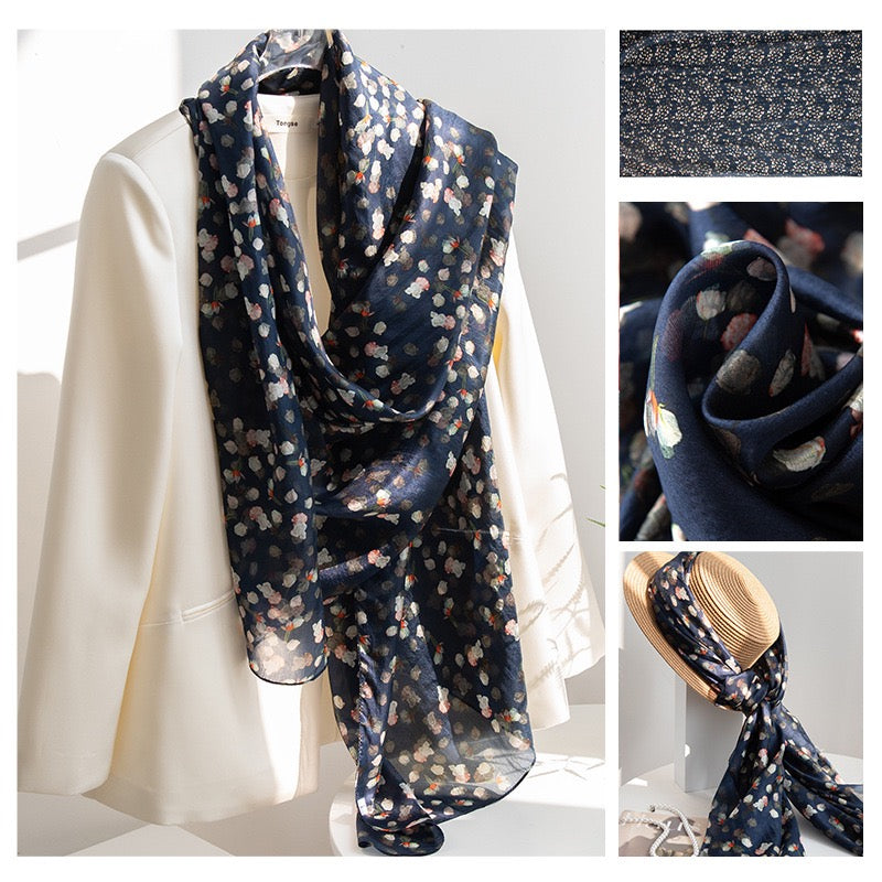 Navy Floral Mulberry Silk Scarf - Luxury Print Shawl | Premium Gift