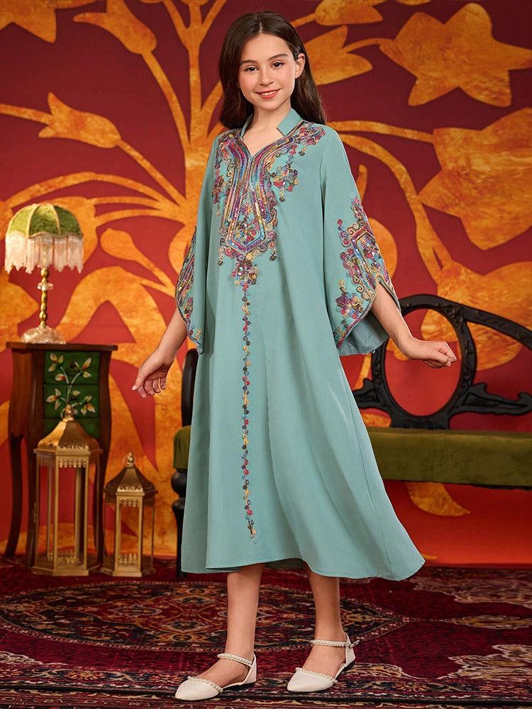 MH139 Girls Embroidered Maxi Robe Dress – Flare Sleeve Modest Eid Dress for Girls Ages 8–12