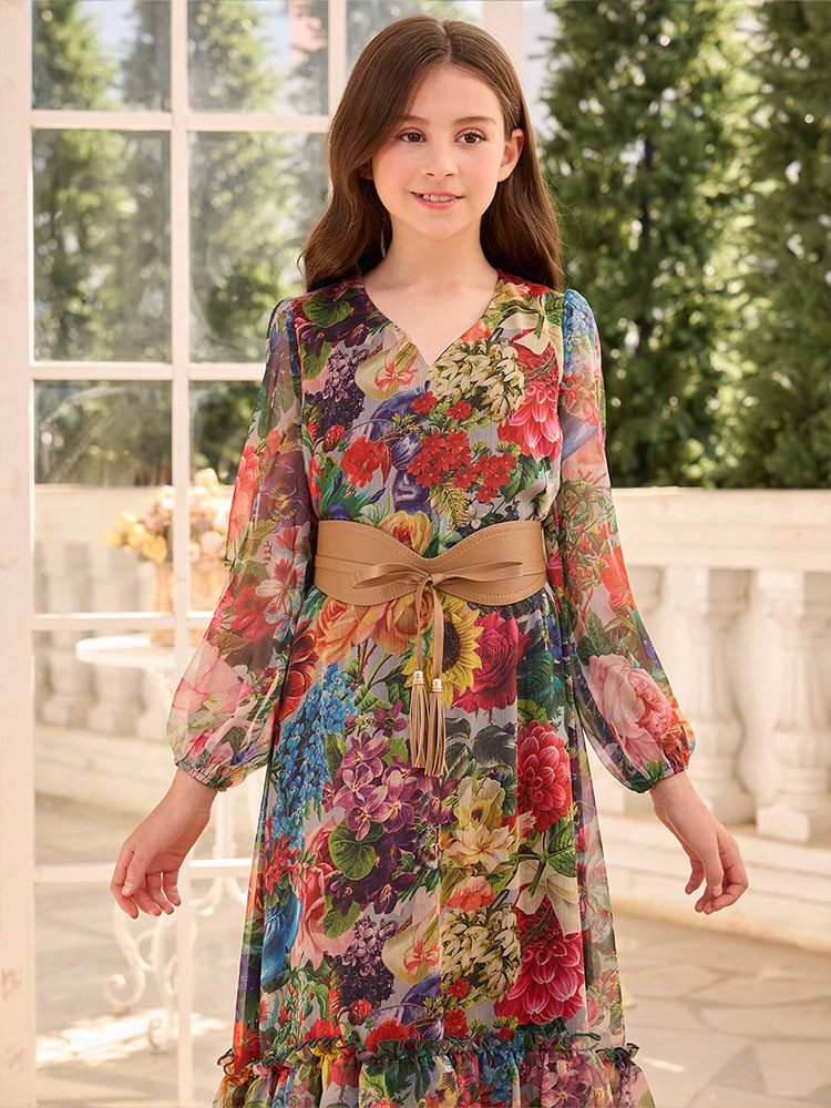 MH136 Girls Floral Print Chiffon Maxi Dress – Lantern Sleeve Modest Dress for Girls Ages 8–12