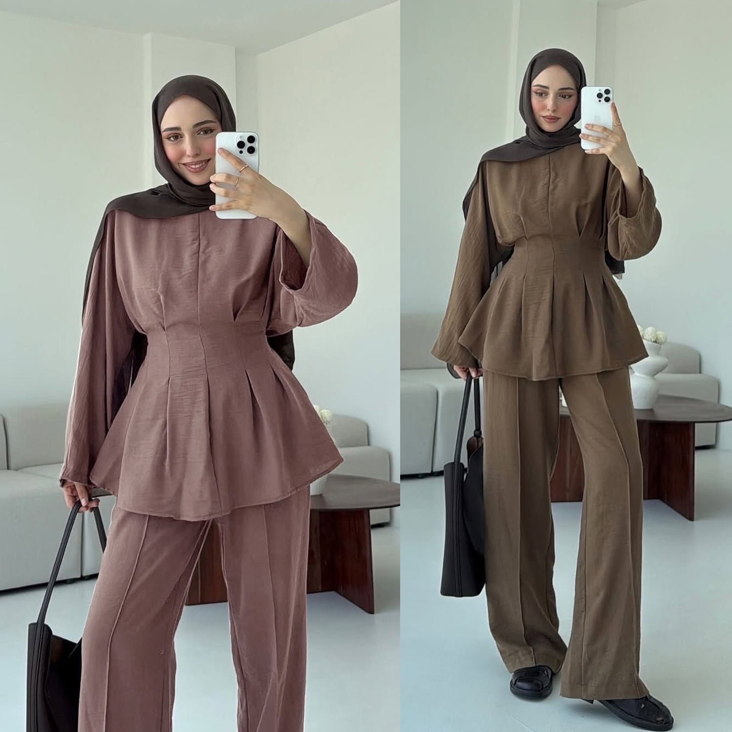 MH92 Modest Two-Piece Set – Ice-Silk Crepe Peplum Tunic & Wide-Leg Pants | Office • Travel • Eid Outfit