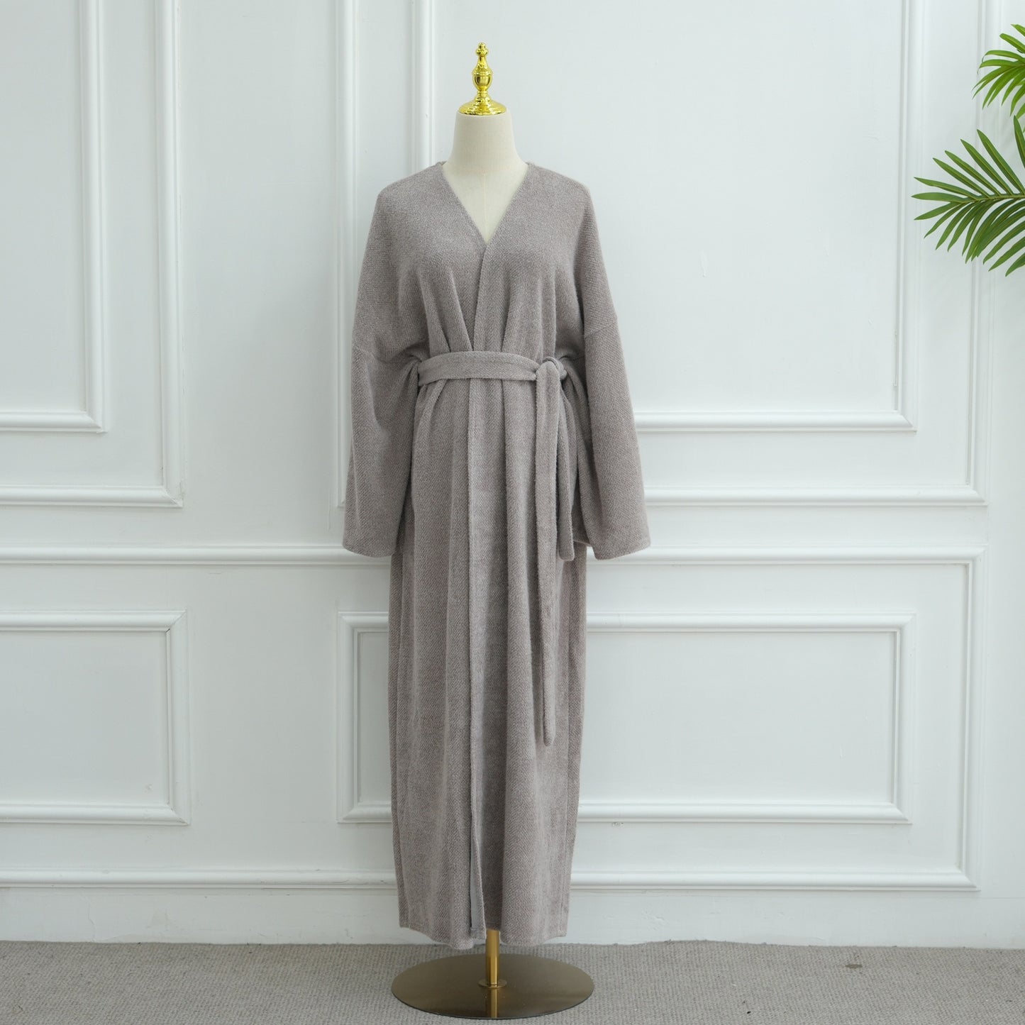 MH97 Velvet Open Abaya Cardigan with Belt – Long Sleeve Modest Outerwear