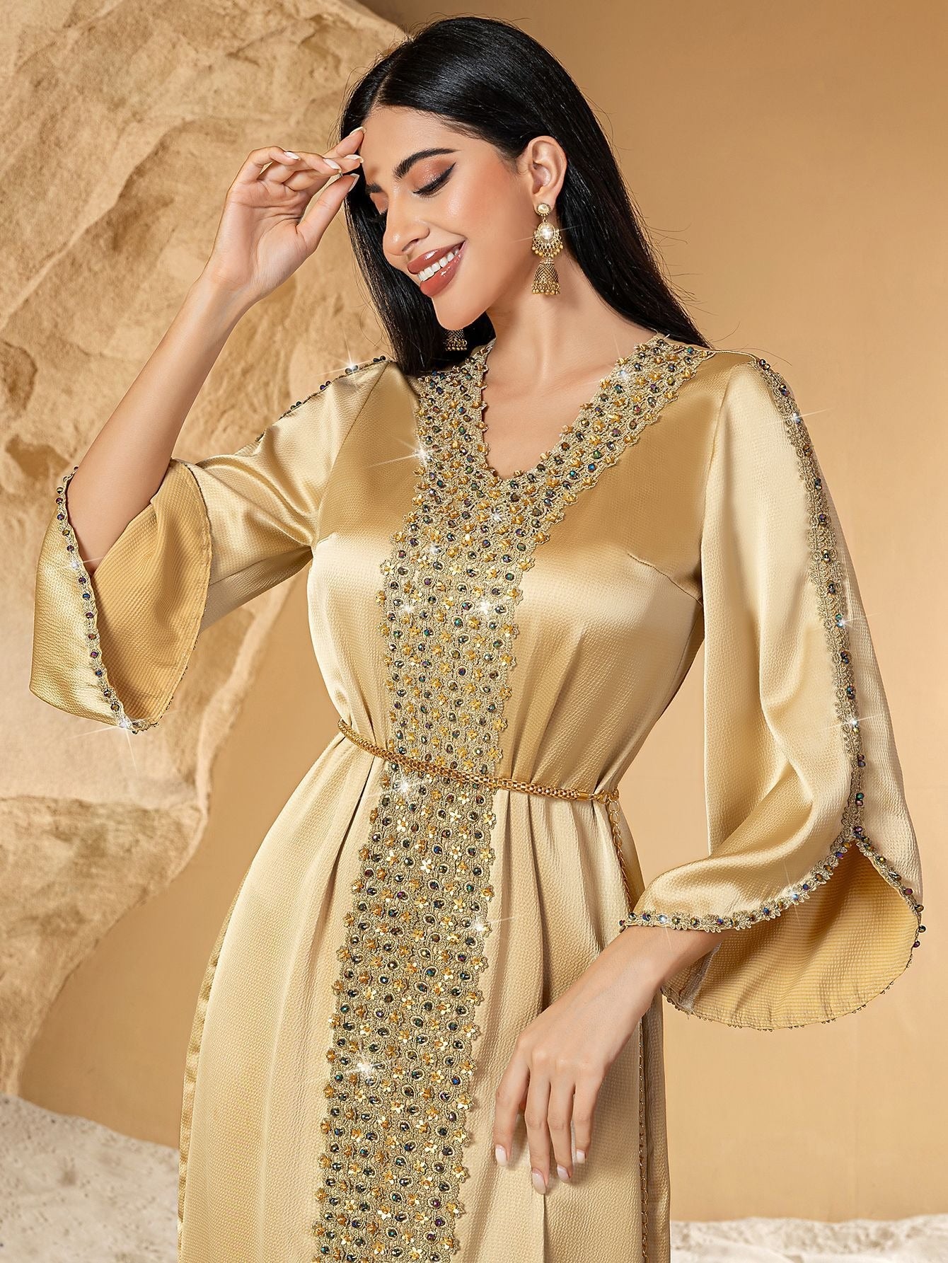MH126 Luxury Champagne Beaded Lace Abaya Dress – Handmade Elegant Eid & Evening Kaftan