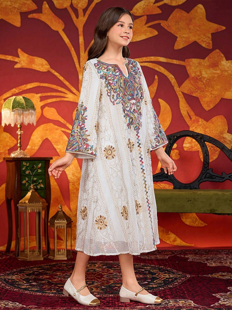 LM138 Girls Heavy Embroidery Maxi Dress – Elegant Modest Party Dress for Girls Ages 8–12