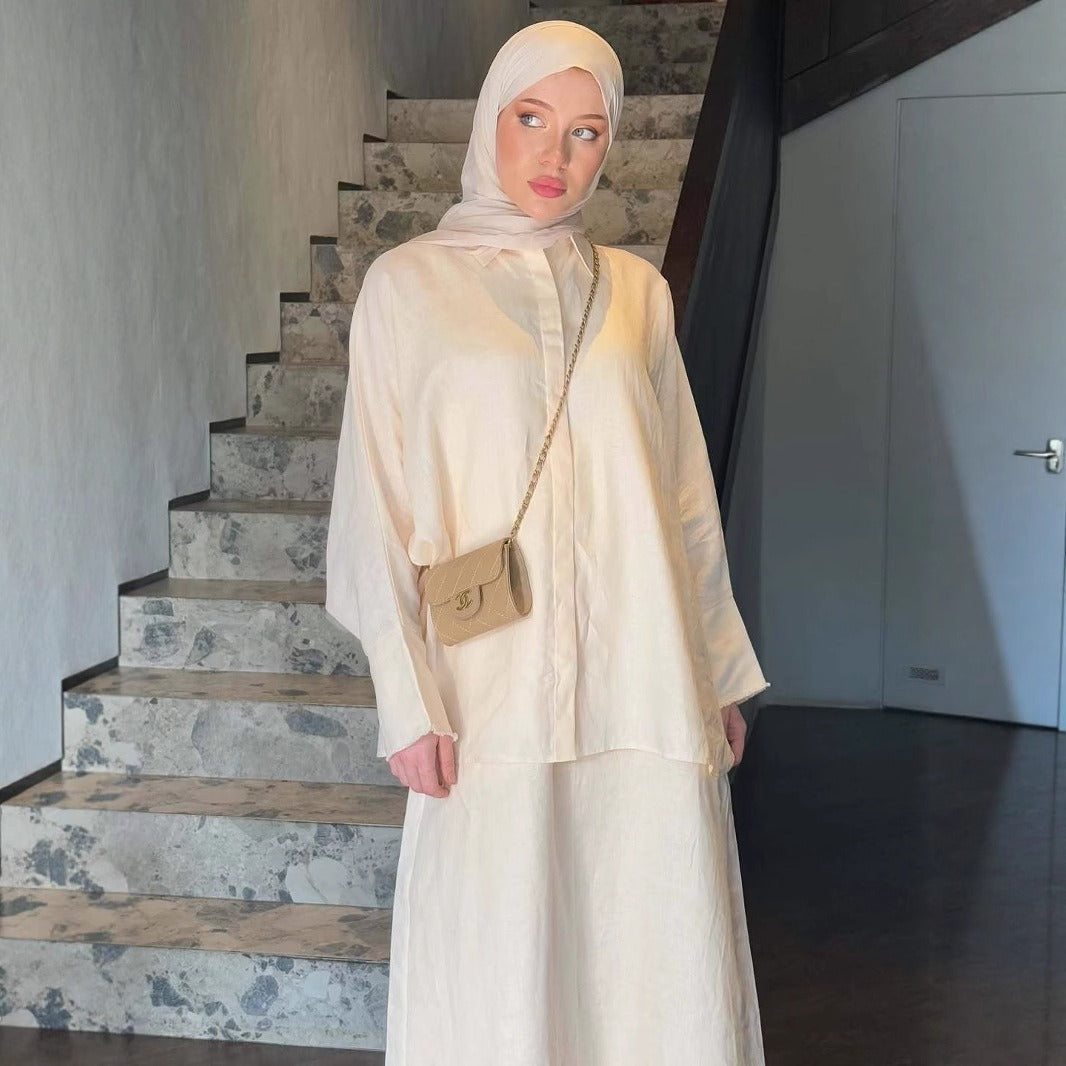 | Retro Lapel Cardigan Shirt & Long Skirt Set | Loose Modest | side view | Maha The Label modest fashion outfit