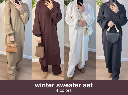 MH77 Thick Knit Sweater Dress + Wide-Leg Pants Set – Modest Two-Piece