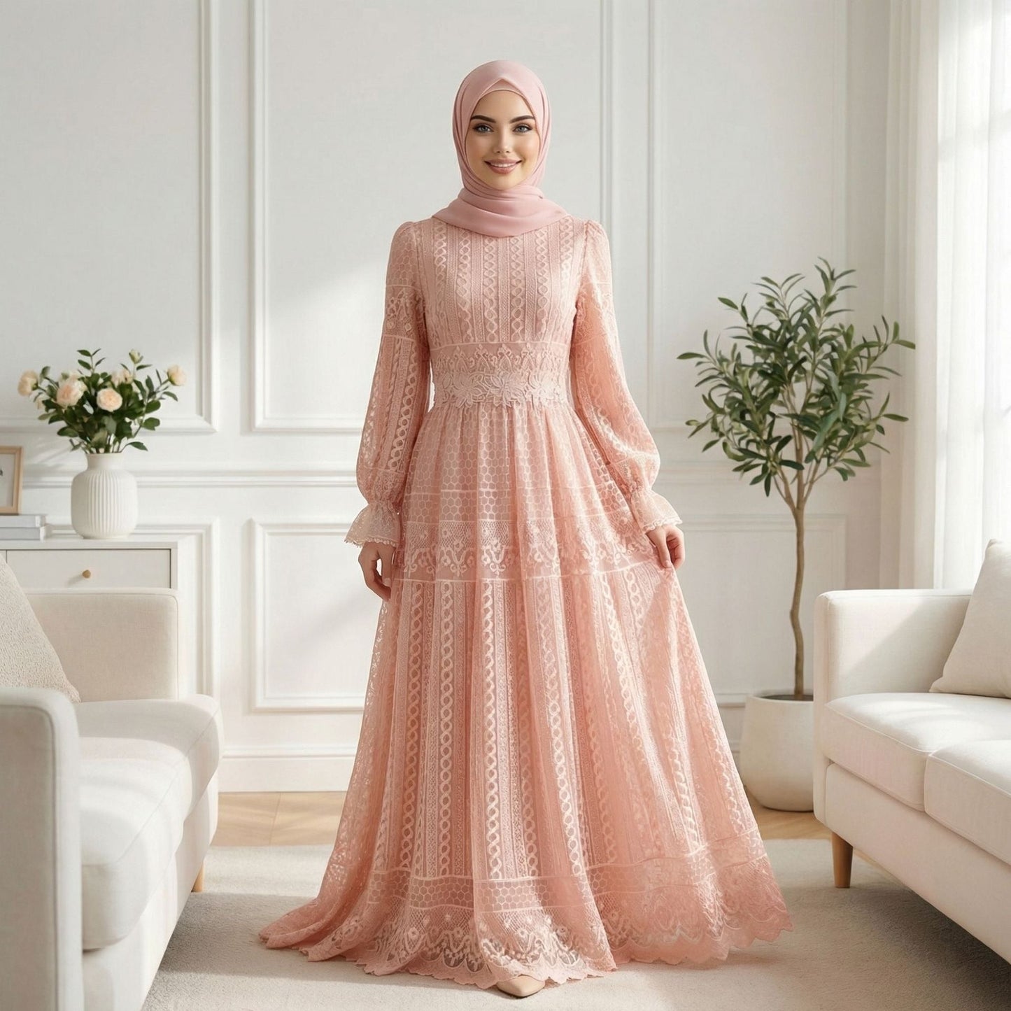 MH134 Elegant Embroidered Double Layer Abaya Dress – Luxury Modest Maxi Gown for Muslim Women