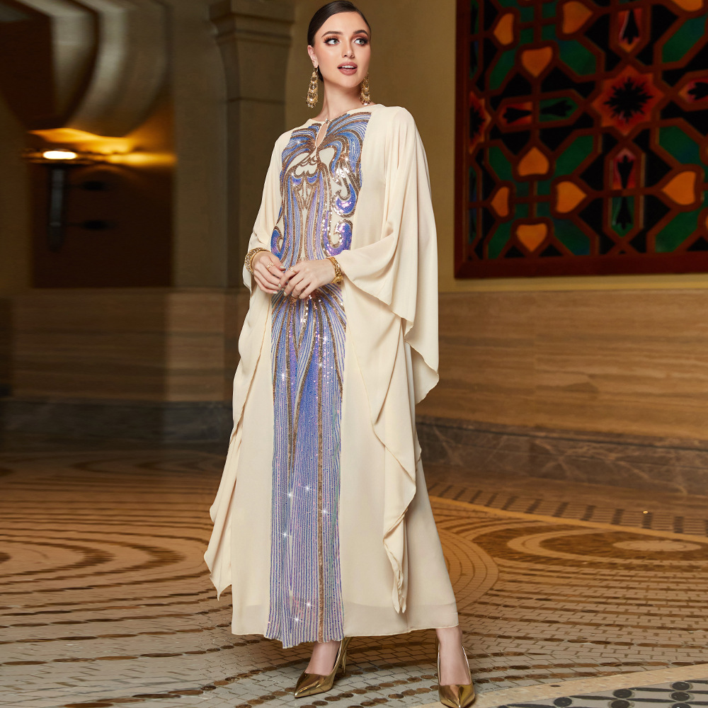 MH125 Luxury Beige Butterfly Sleeve Sequin Abaya Dress – Elegant Eid Kaftan for Muslim Women