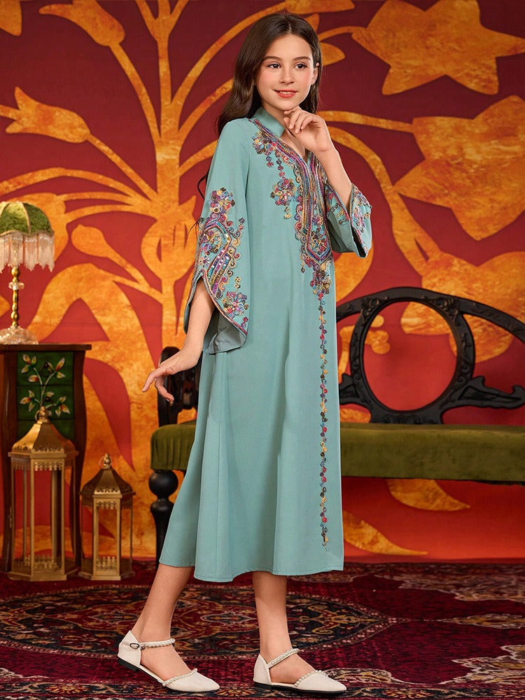 MH139 Girls Embroidered Maxi Robe Dress – Flare Sleeve Modest Eid Dress for Girls Ages 8–12