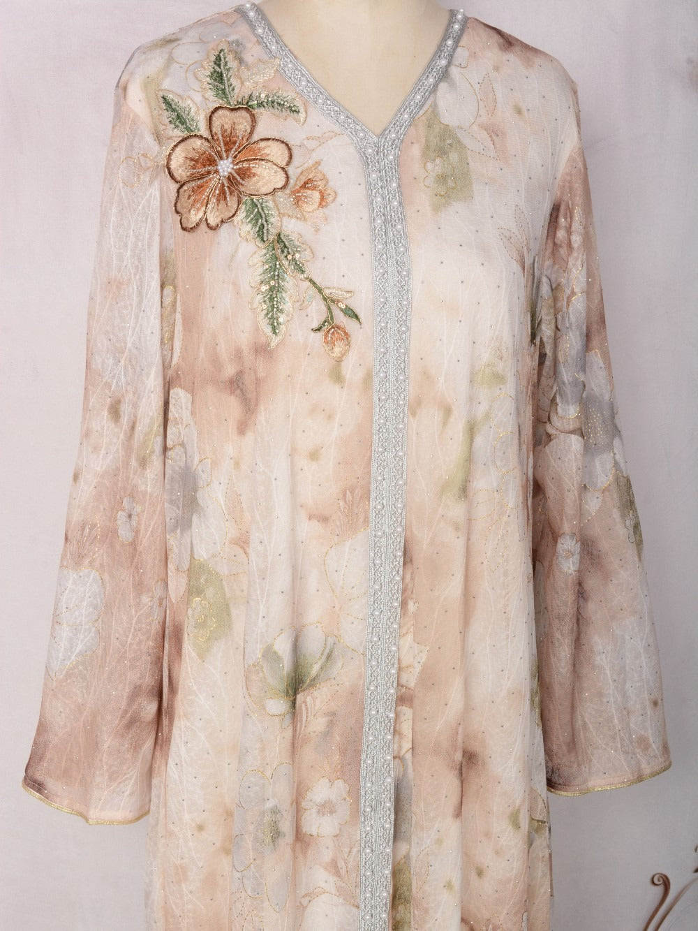 MH131 Luxury Floral Print Beaded Abaya Dress – Elegant Modest Eid Maxi Kaftan for Muslim Women