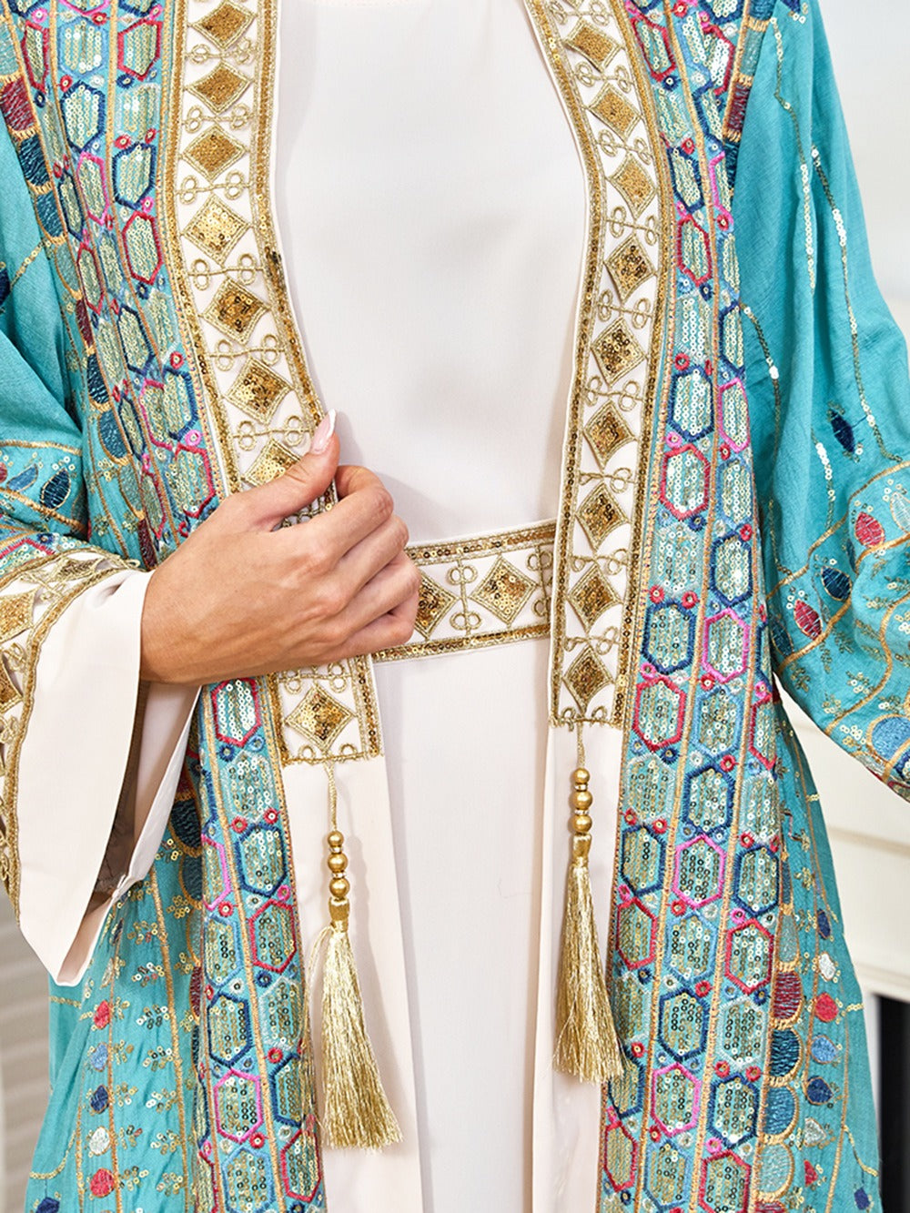 MH130 Luxury Beaded Open Abaya Set – Embroidered Modest Eid Kimono Dress for Muslim Women