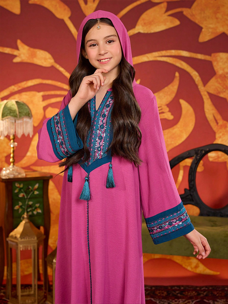 MH137 Girls Hooded Embroidery Maxi Dress – Tassel Trim Modest Eid Dress for Girls Ages 8–12