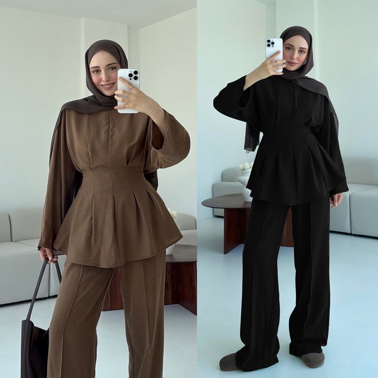 MH92 Modest Two-Piece Set – Ice-Silk Crepe Peplum Tunic & Wide-Leg Pants | Office • Travel • Eid Outfit