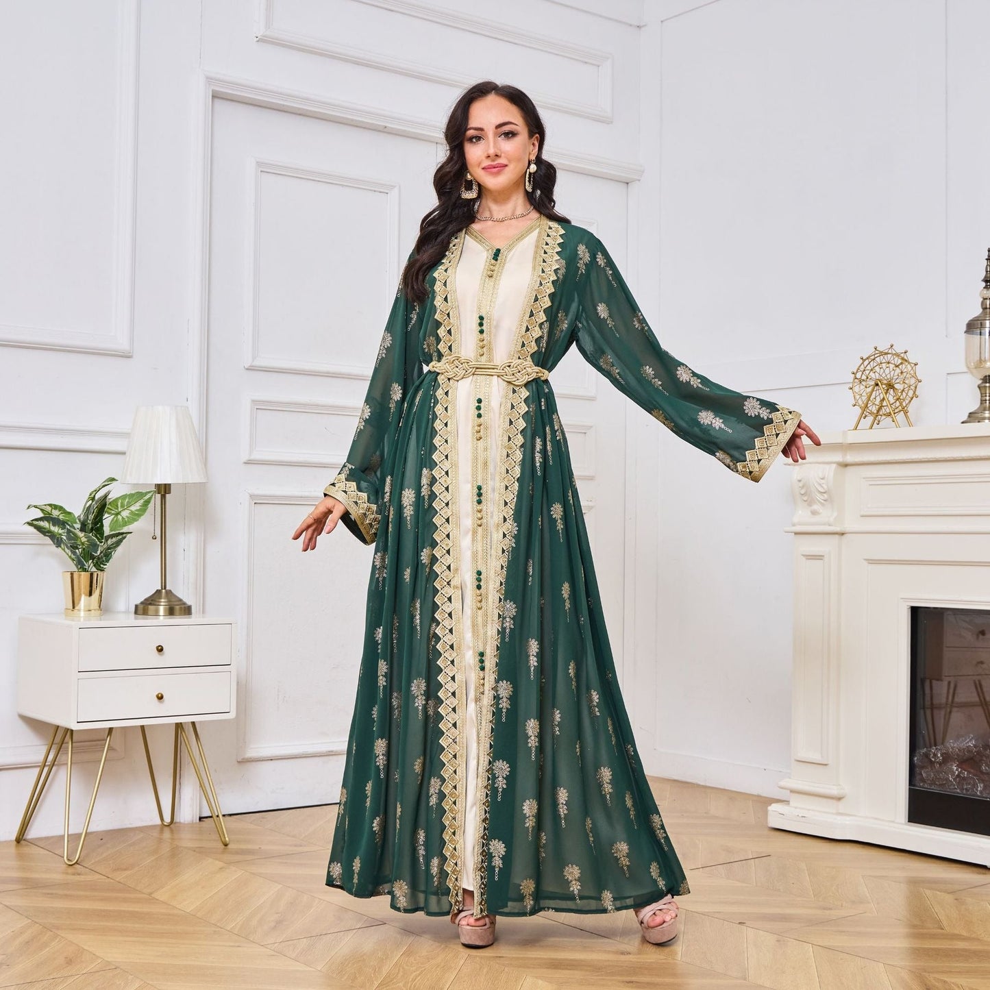 MH127 Embroidered Two Piece Abaya Set – Luxury Open Front Cardigan Abaya Dress for Eid & Formal Wear