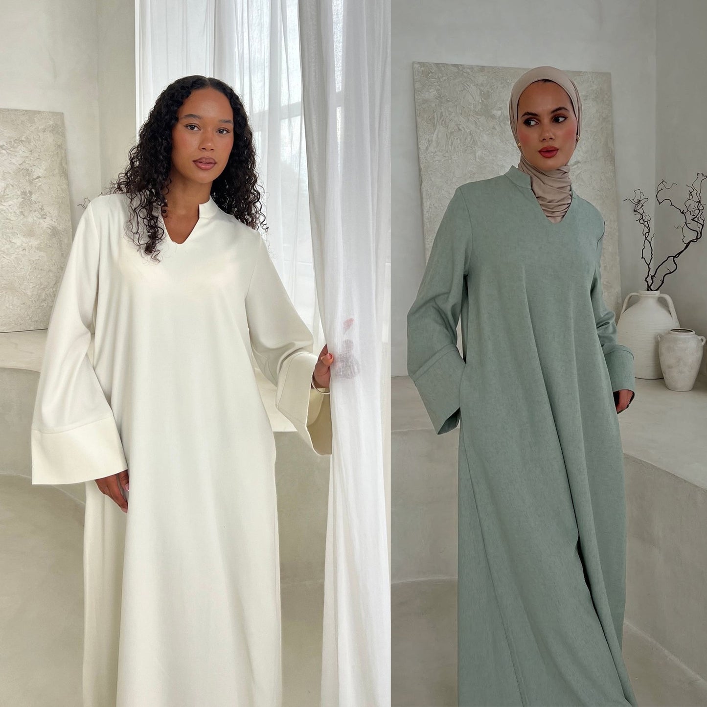 MH93 Plain Abaya Maxi Dress with Pockets – Opaque Wide Cuffs & V-Notch