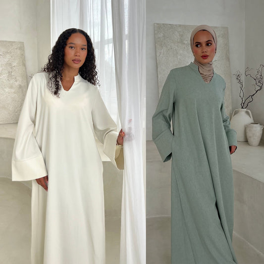 MH93 Plain Abaya Maxi Dress with Pockets – Opaque Wide Cuffs & V-Notch
