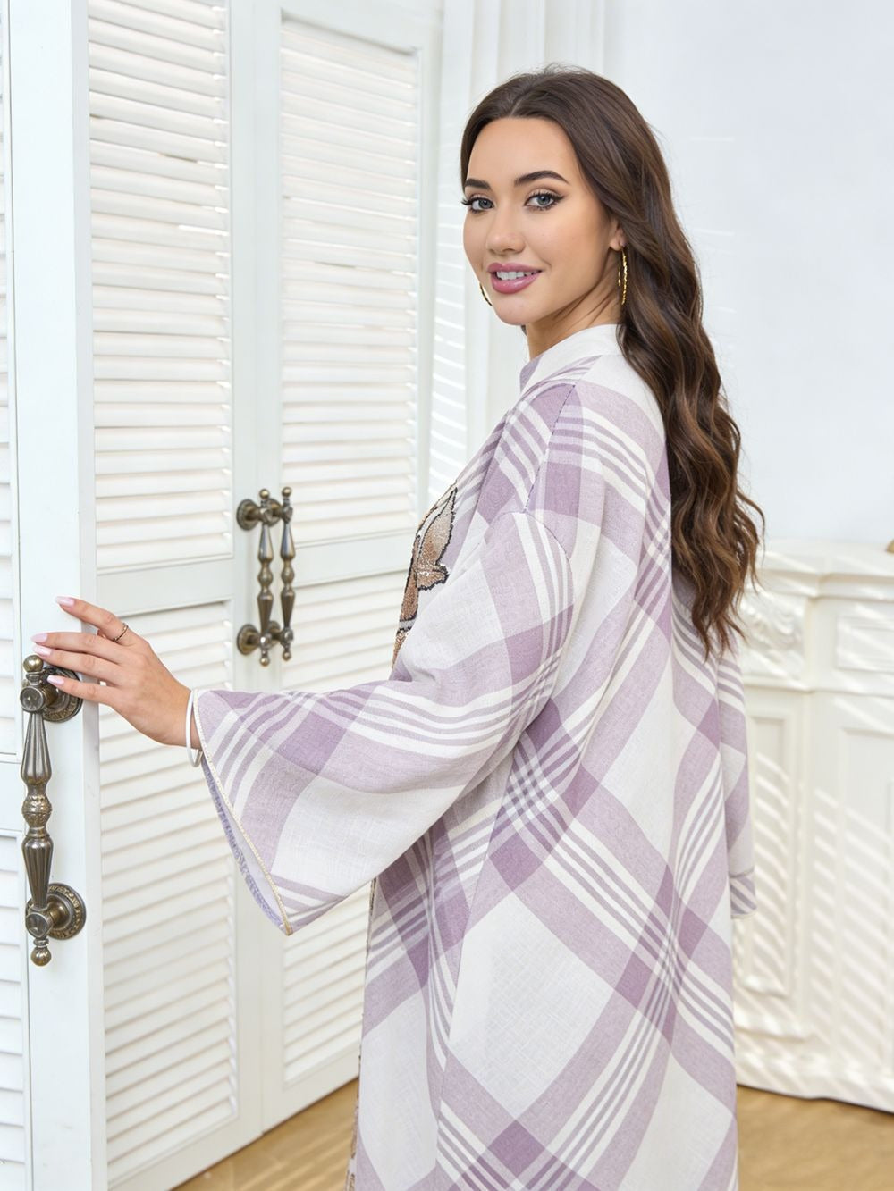 MH128 Plaid Sequin Embroidered Abaya Dress – Elegant Modest Party Maxi for Muslim Women