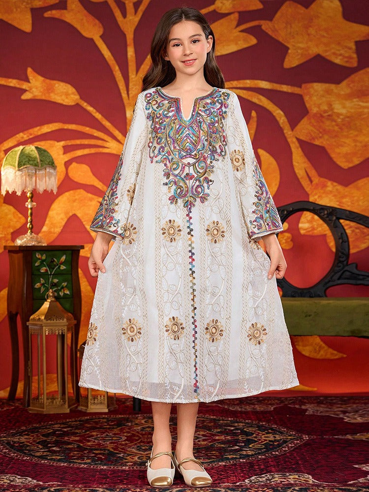 LM138 Girls Heavy Embroidery Maxi Dress – Elegant Modest Party Dress for Girls Ages 8–12