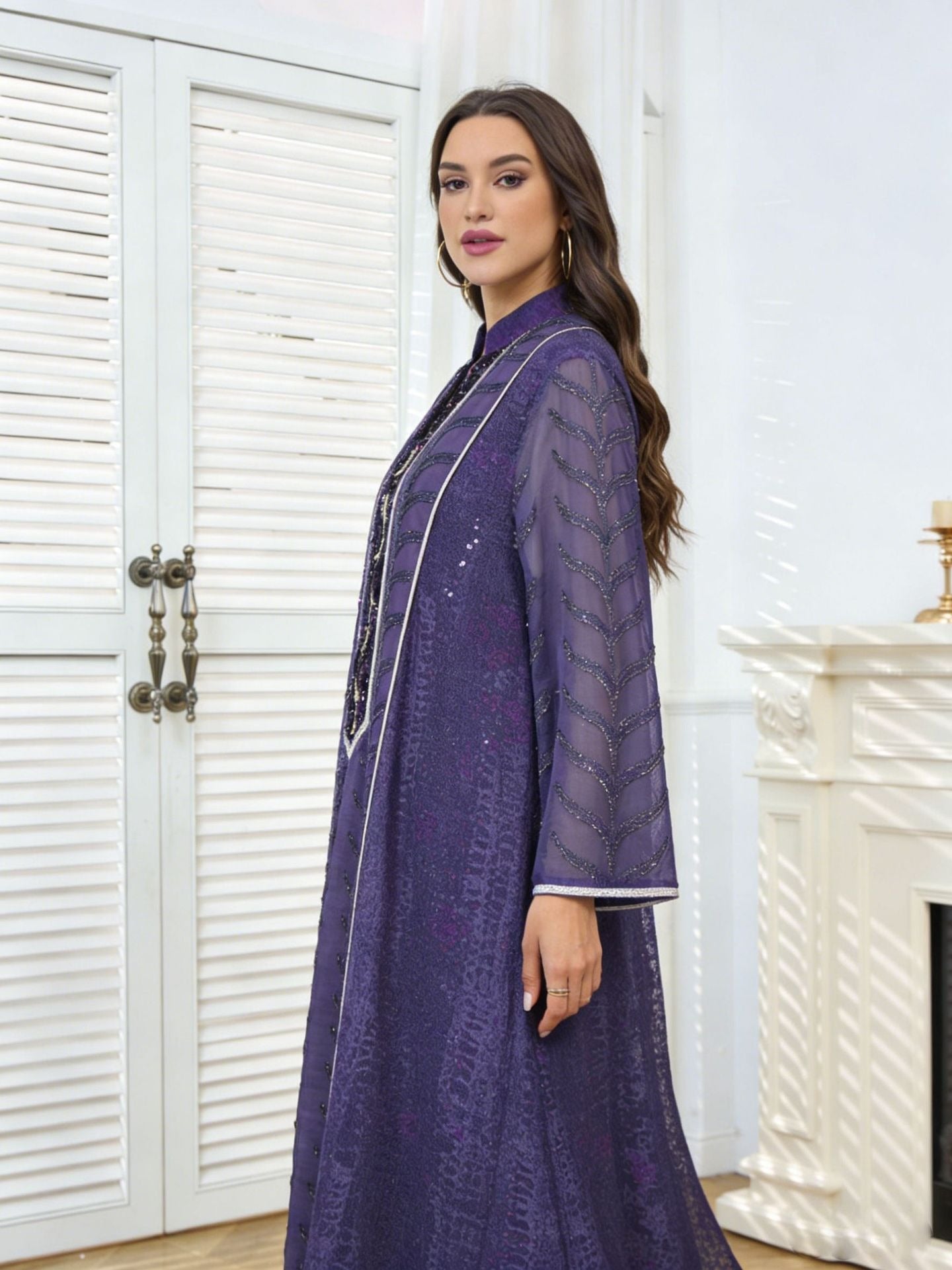 MH129 Beaded Embroidered Abaya Set – Elegant Mesh Modest Eid Dress for Muslim Women