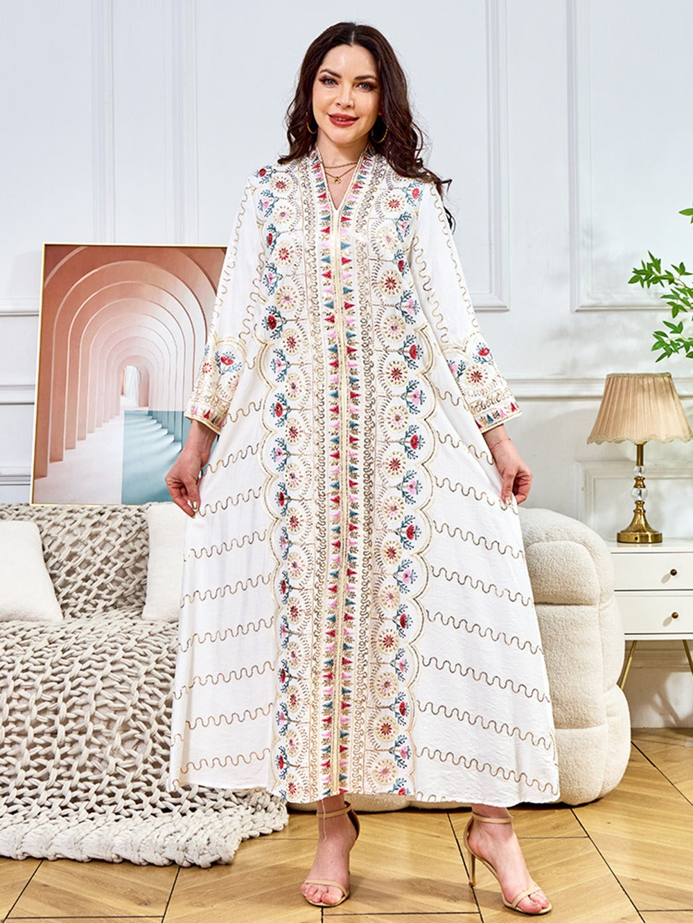 MH132 Sequin Embroidered Abaya Dress – Elegant V Neck Modest Maxi Kaftan for Muslim Women