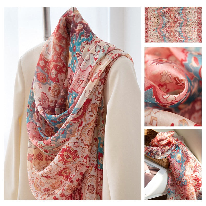 Pink Bohemian Mulberry Silk Scarf - Luxury Print Shawl | Premium Gift