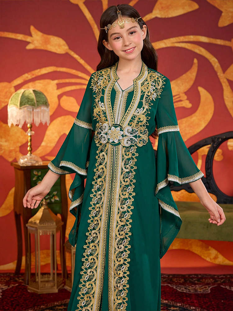 MH141 Girls Chiffon Maxi Dress with Flare Sleeves – Modest Festival Dress for Girls Ages 8–12