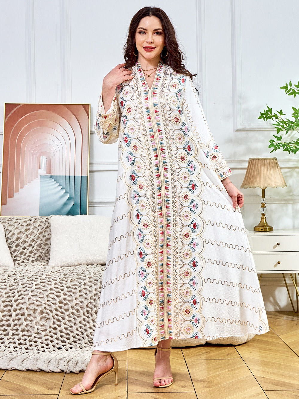 MH132 Sequin Embroidered Abaya Dress – Elegant V Neck Modest Maxi Kaftan for Muslim Women