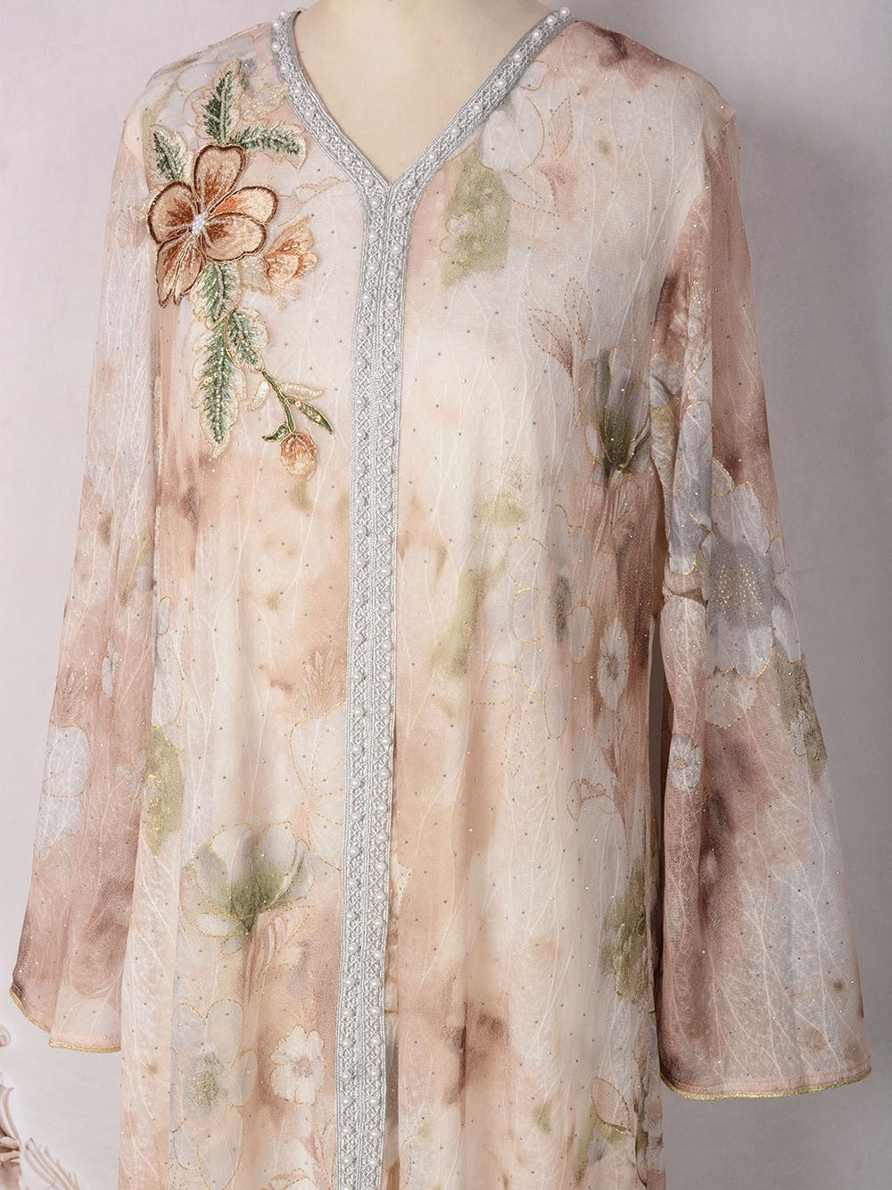 MH131 Luxury Floral Print Beaded Abaya Dress – Elegant Modest Eid Maxi Kaftan for Muslim Women