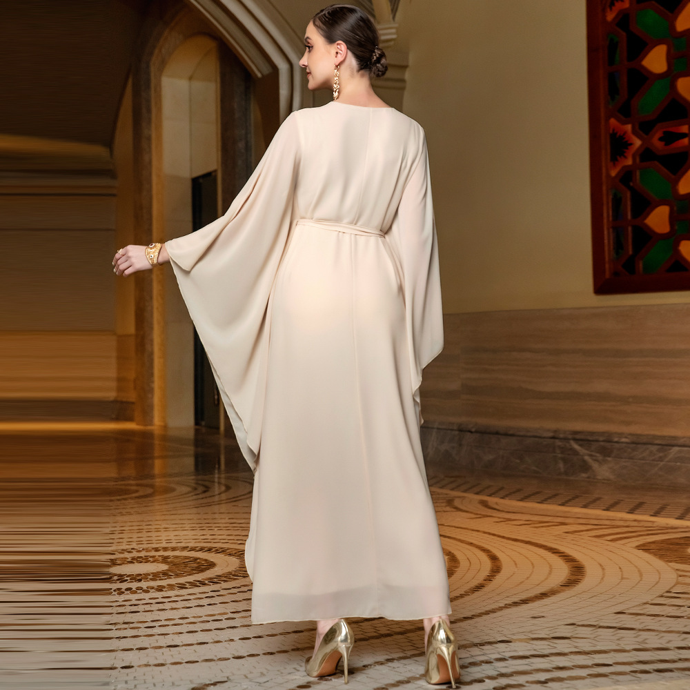 MH125 Luxury Beige Butterfly Sleeve Sequin Abaya Dress – Elegant Eid Kaftan for Muslim Women