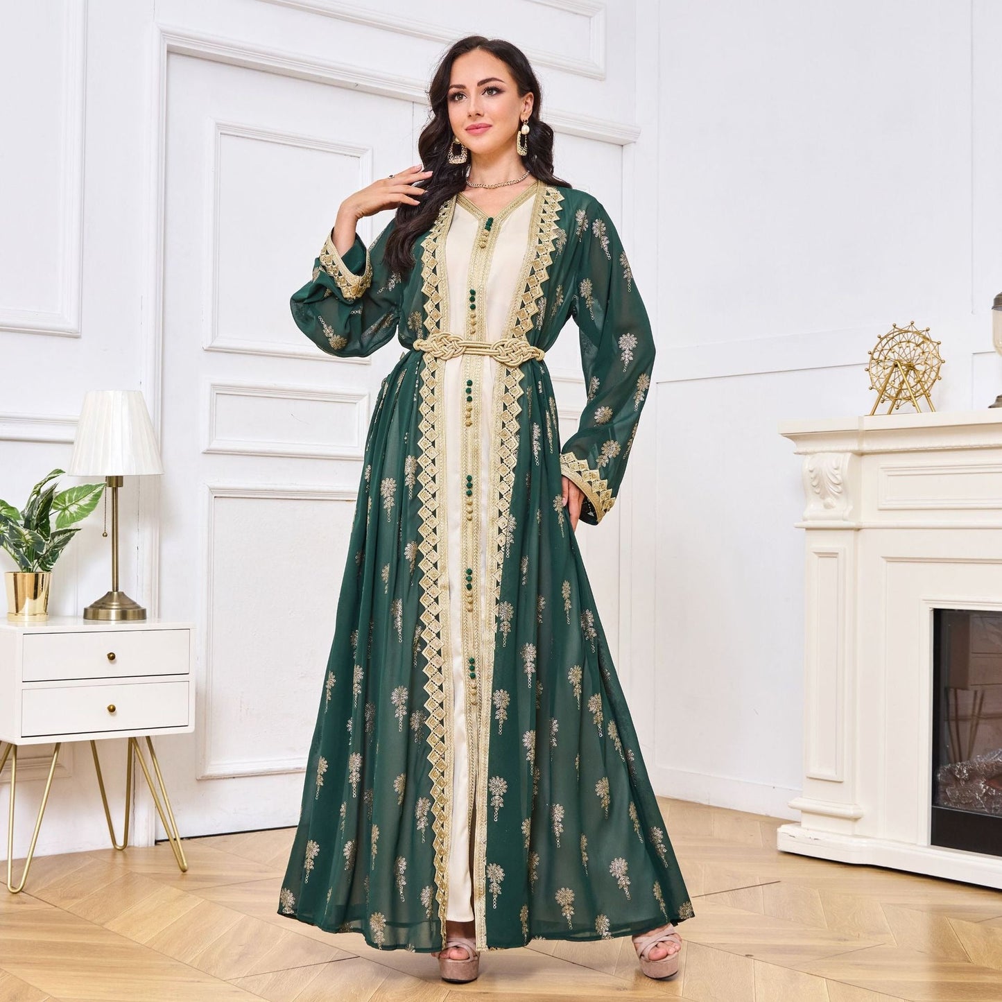 MH127 Embroidered Two Piece Abaya Set – Luxury Open Front Cardigan Abaya Dress for Eid & Formal Wear
