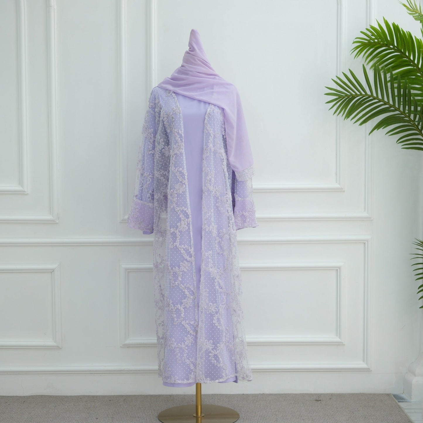MH135 3D Floral Mesh Cardigan Abaya Set with Hijab – Elegant Modest Open Front Dress for Muslim Women