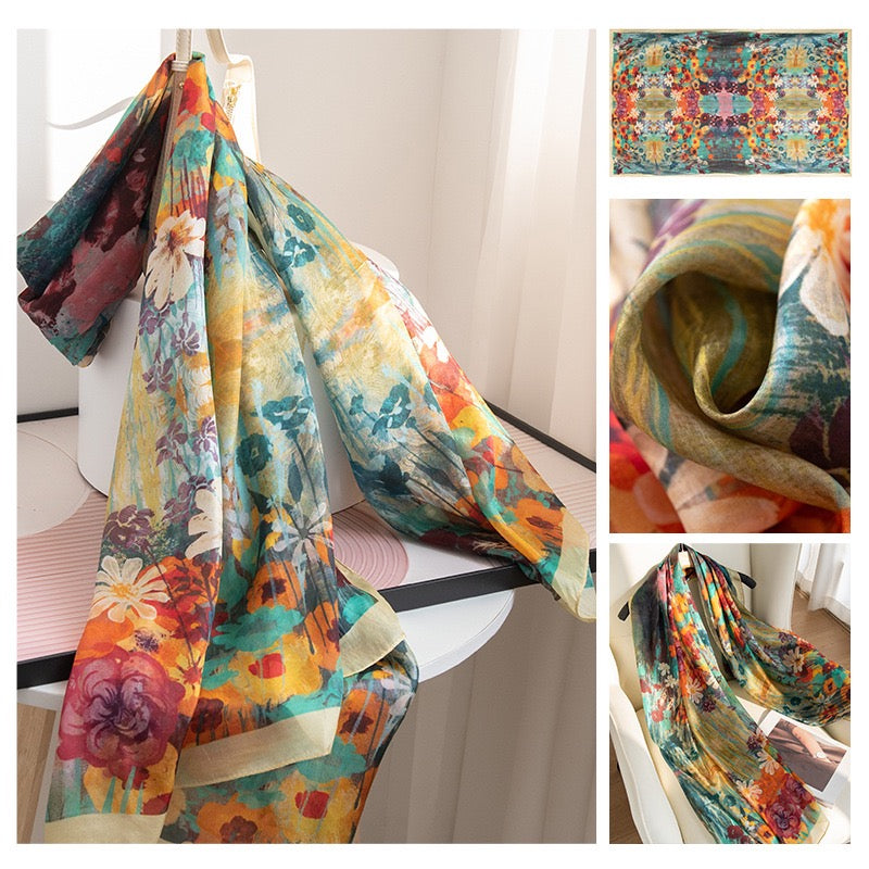 Colorful Blooms Mulberry Silk Scarf - Luxury Print Shawl | Premium Gift
