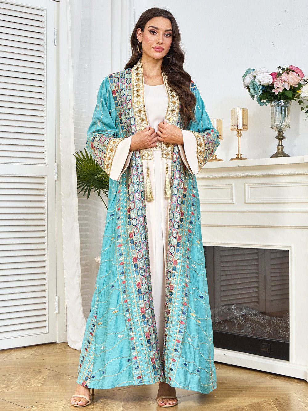 MH130 Luxury Beaded Open Abaya Set – Embroidered Modest Eid Kimono Dress for Muslim Women