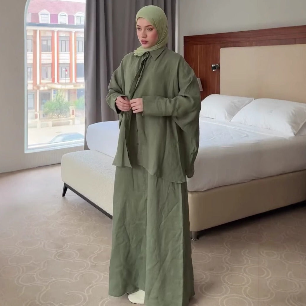 | Retro Lapel Cardigan Shirt & Long Skirt Set | Loose Modest | packaging | Maha The Label modest fashion outfit