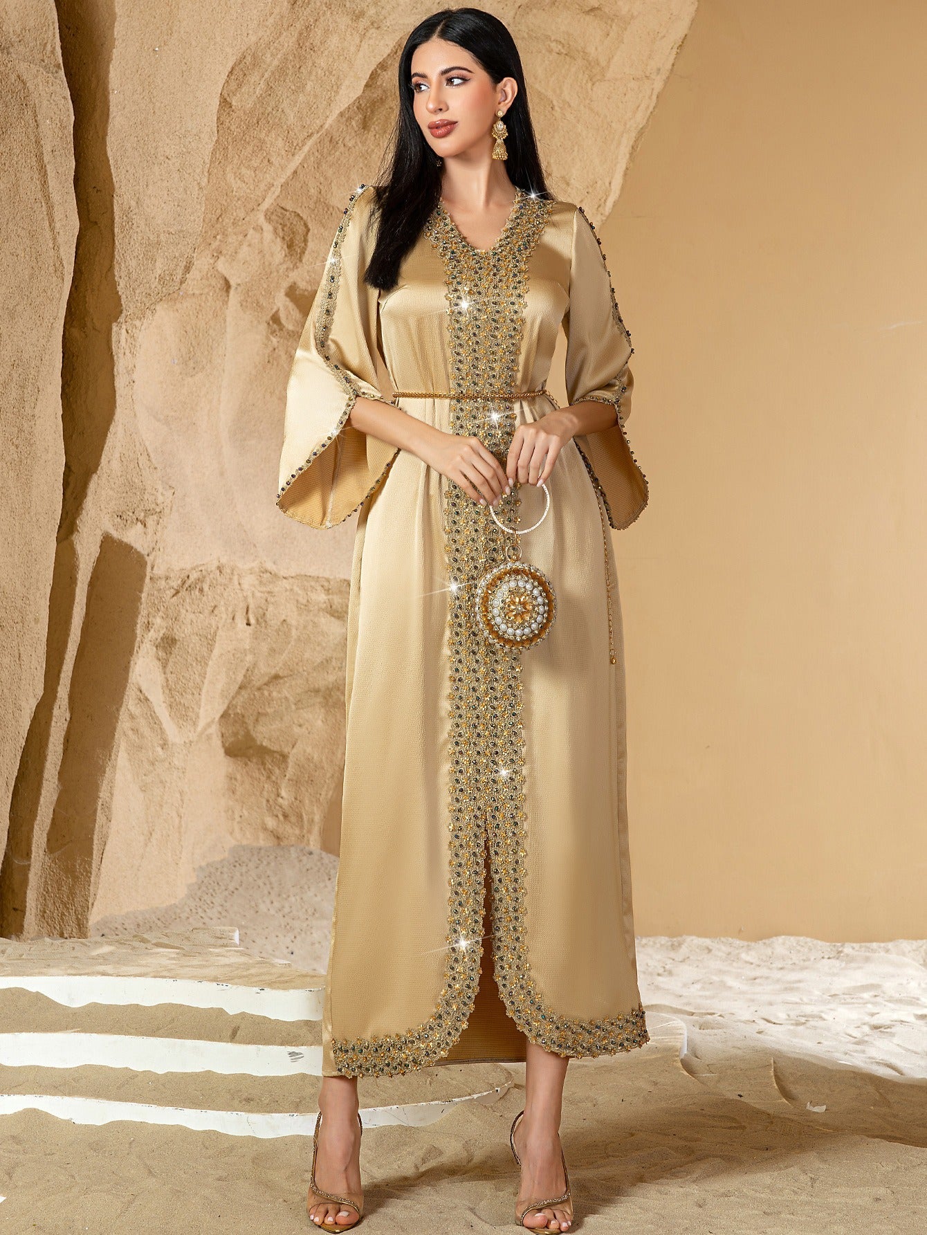 MH126 Luxury Champagne Beaded Lace Abaya Dress – Handmade Elegant Eid & Evening Kaftan