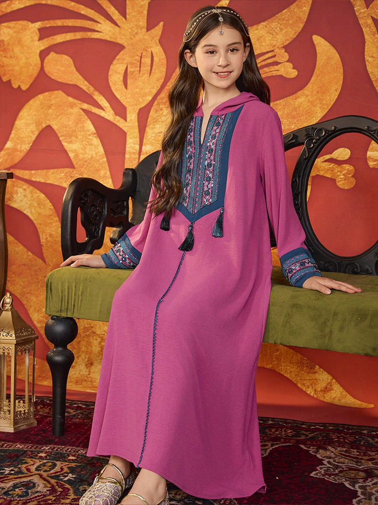 MH137 Girls Hooded Embroidery Maxi Dress – Tassel Trim Modest Eid Dress for Girls Ages 8–12
