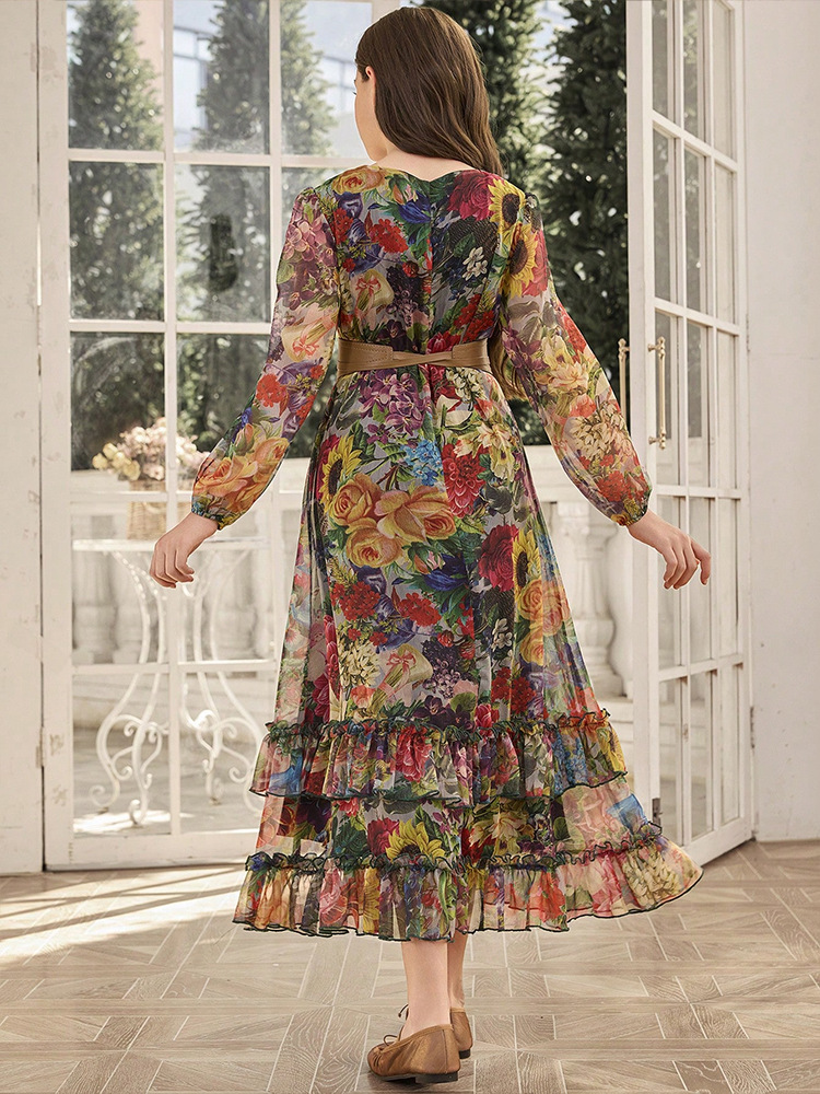 MH136 Girls Floral Print Chiffon Maxi Dress – Lantern Sleeve Modest Dress for Girls Ages 8–12