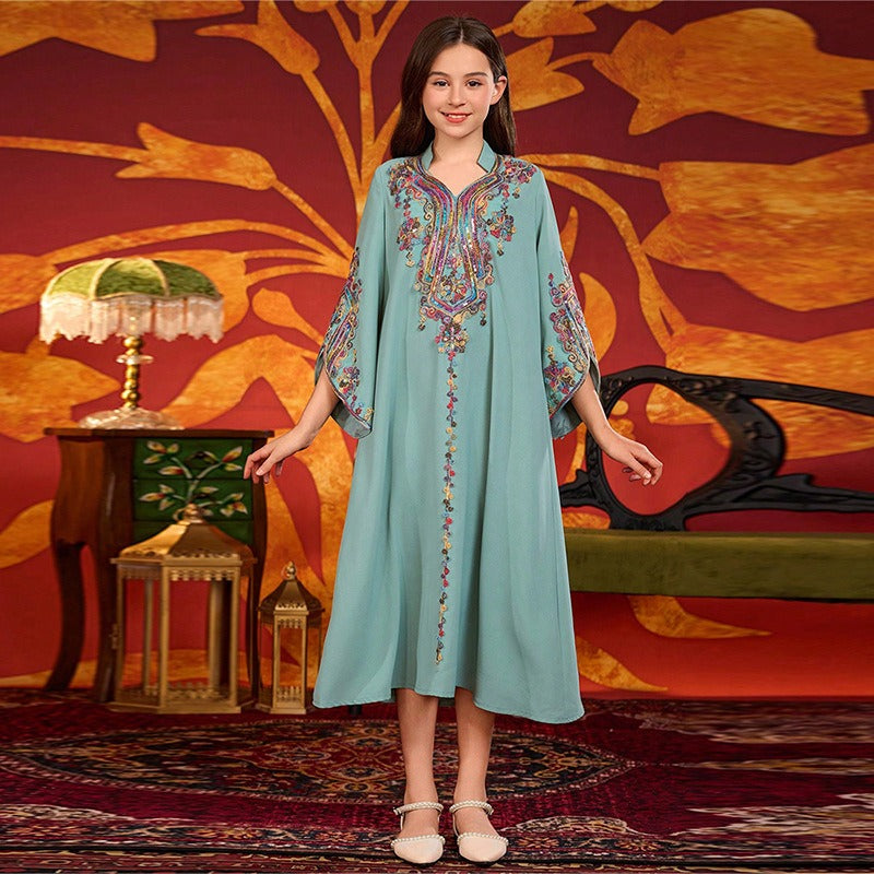 MH139 Girls Embroidered Maxi Robe Dress – Flare Sleeve Modest Eid Dress for Girls Ages 8–12
