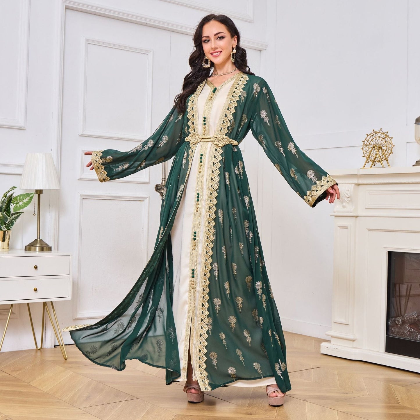 MH127 Embroidered Two Piece Abaya Set – Luxury Open Front Cardigan Abaya Dress for Eid & Formal Wear