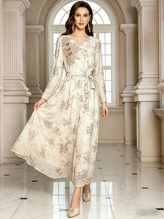 MH124 Floral Lace Modest Maxi Dress for Muslim Women – Elegant Long Sleeve Eid Dress