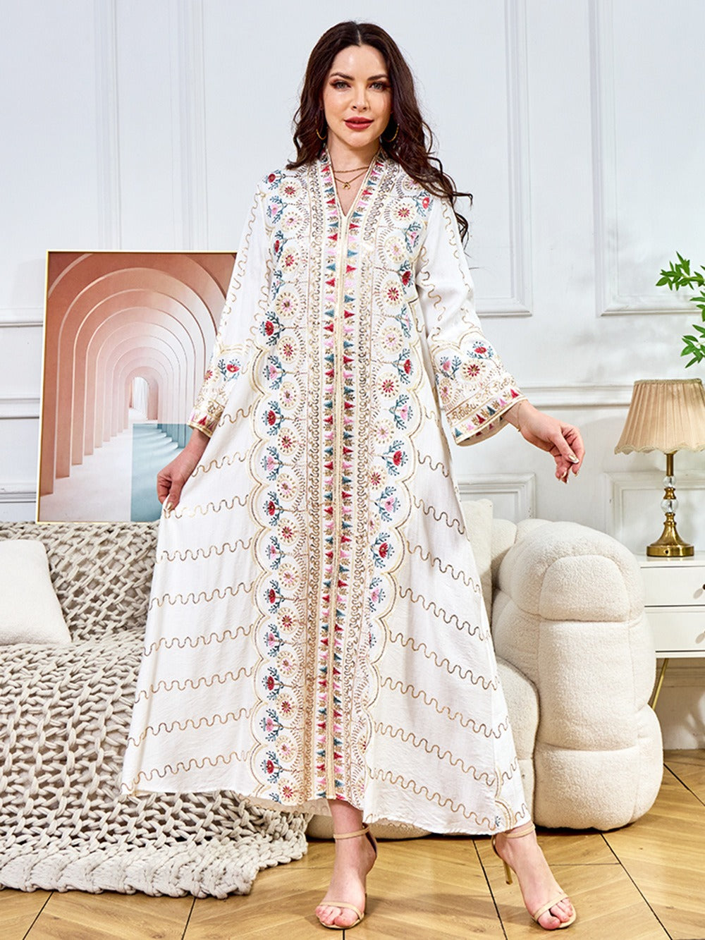 MH132 Sequin Embroidered Abaya Dress – Elegant V Neck Modest Maxi Kaftan for Muslim Women