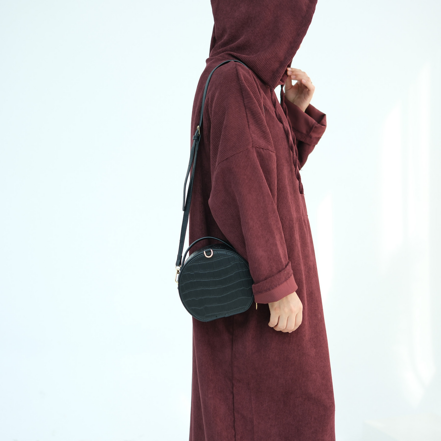 MH95 Corduroy Hooded Abaya with Pockets – Winter Casual Maxi Dress
